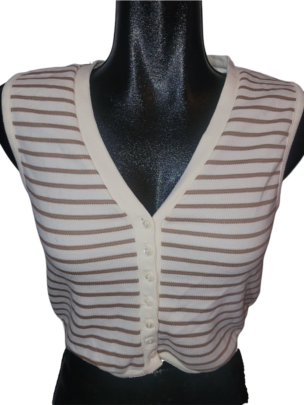 Kirious Cream & Brown Striped V-Neck Button-Front Cropped Sweater Vest M